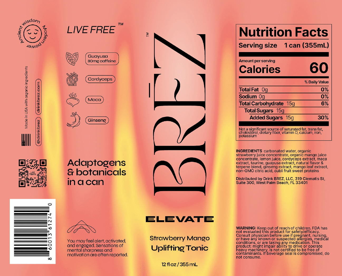 BREZ Non-Alcoholic Elevate Strawberry Mango Uplifting Tonic - Image 2
