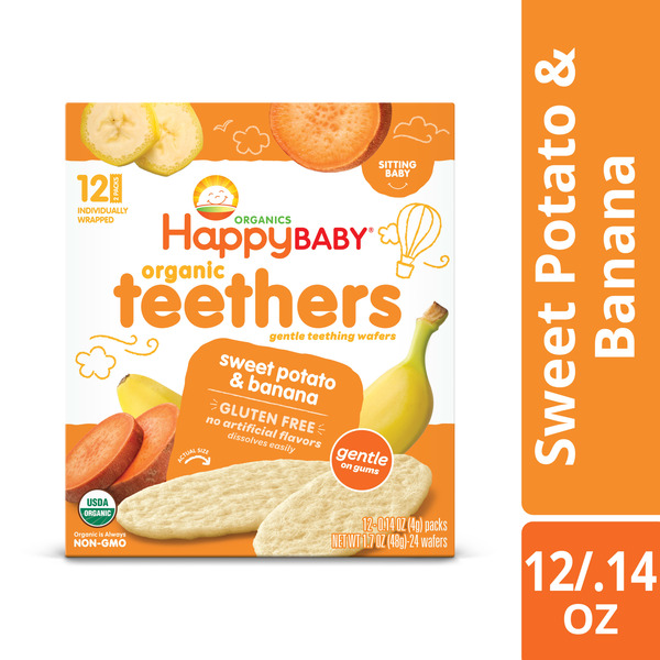 Happy Baby Organics Organics Baby Snacks, Gentle Teething Wafers, Gluten Free & Vegan, Sweet Potato & Banana, 12 Count (Pack of 6)