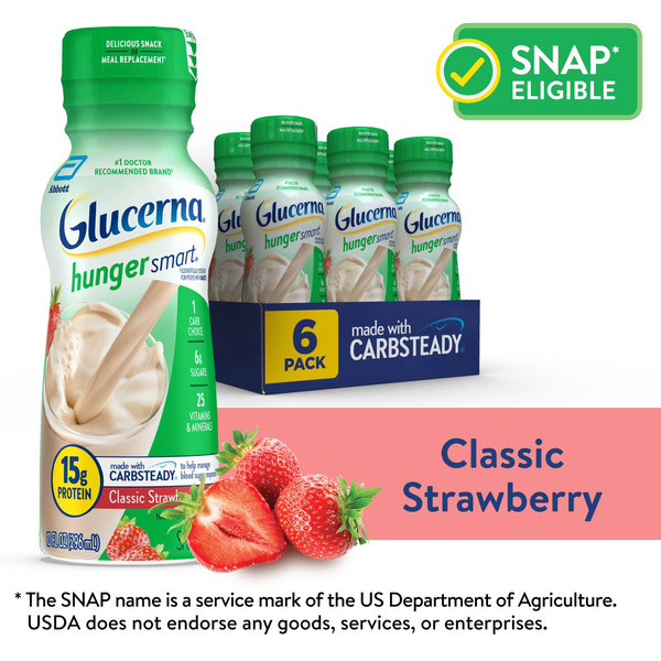 Glucerna Hunger Smart, Diabetic Drink to Support Blood Sugar Management, Classic Strawberry, 10-fl-oz Bottle, 6 Count