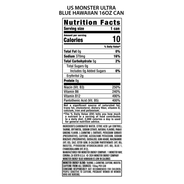 Monster Energy Ultra Monster Ultra, Blue Hawaiian, Sugar Free Energy Drink, 16 Fl Oz - Image 4