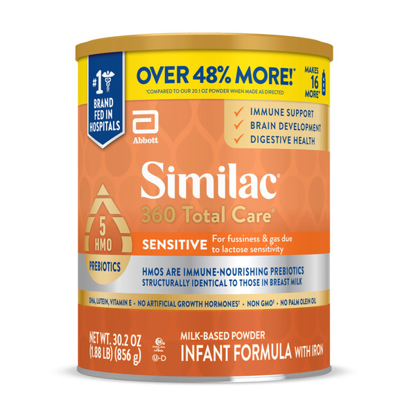 Similac 360 Total Care Sensitive Infant Formula Powder, Has 5 HMO Prebiotics, 30.2-oz Tub