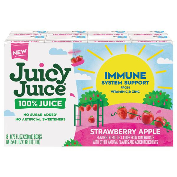 Juicy Juice 100% Juice Immune System Support from Vitamin C and Zinc, Strawberry Apple, 8 Count, 6.75 FL OZ Juice Boxes