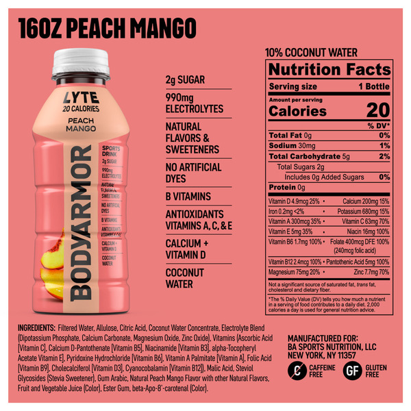 BODYARMOR Lyte Peach Mango Sports Drink Bottle - Image 6