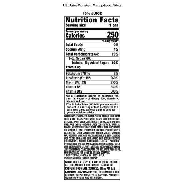 Monster Energy Monster Energy Juice, Mango Loco, Juice + Energy Drink, 16 Fl Oz - Image 4
