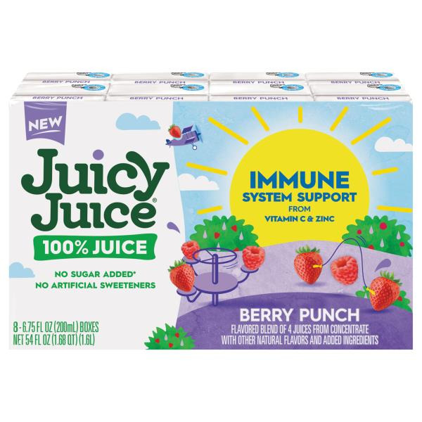 Juicy Juice 100% Juice Immune System Support from Vitamin C and Zinc, Berry Punch, 8 Count, 6.75 FL OZ Juice Boxes
