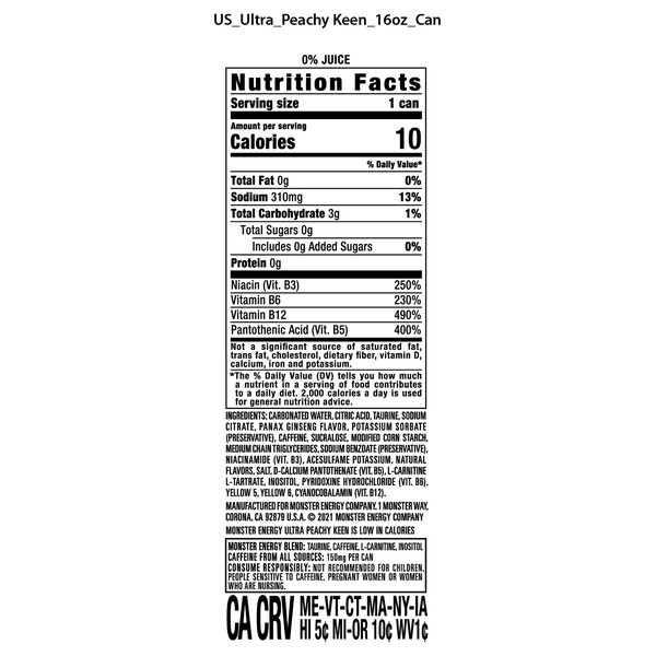 Monster Energy Ultra Monster Ultra, Peachy Keen, Sugar Free Energy Drink, 16 Fl Oz - Image 4