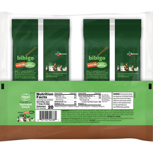 Bibigo Seaweed Snack, Korean BBQ Flavor, 4 Pack - Image 2