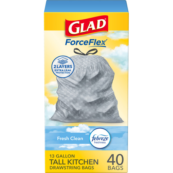 Glad ForceFlex Tall Kitchen Trash Bags, 13 Gal, Fresh Clean Scent with Febreze