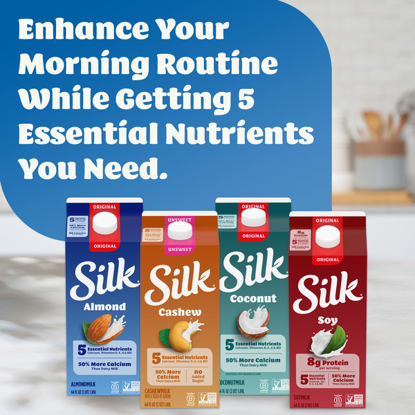 Silk Soy Milk, Original, Dairy Free, Gluten Free, Delicious Vegan Plant Based Milk with 5 Essential Nutrients, 64 fl oz Half Gallon - Image 9