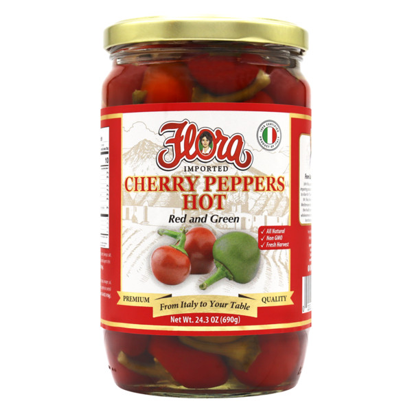 Flora Fine Foods Cherry Peppers, Hot, Red & Green