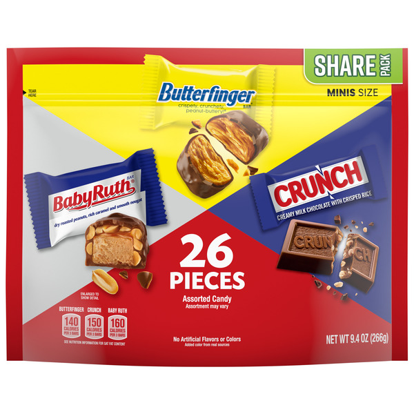 Assorted Butterfinger, Crunch, and Baby Ruth Mini Chocolates, 26 count Share Pack, 9.4 oz