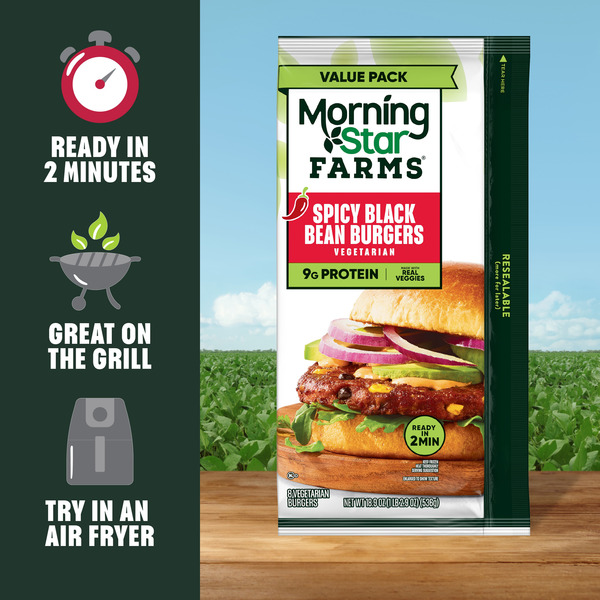 Morning Star Farms Spicy Black Bean Veggie Burgers, Vegetarian Meat, Value Pack, 8 Count - Image 5
