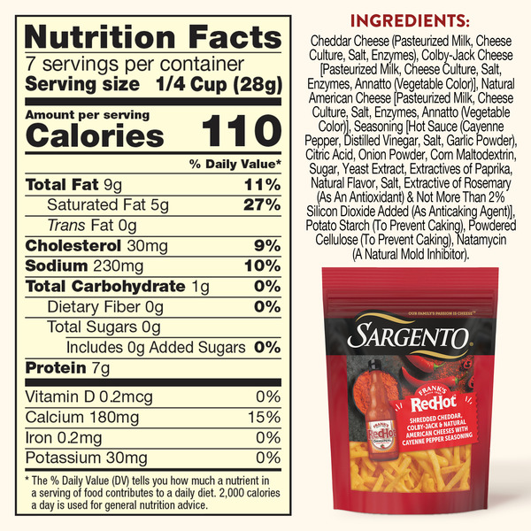 Sargento Frank’s RedHot® Natural Cheddar, Colby Jack, and American Shredded Cheese with Cayenne Pepper Seasoning, Traditional Cut, 7 oz - Image 3