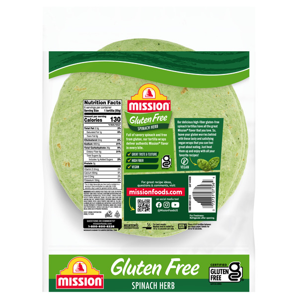 Mission Gluten Free Spinach & Herb Tortilla Wraps, 6 Count - Image 2