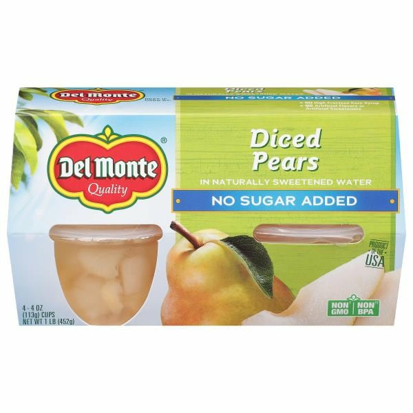 Del Monte Diced Pears in Water, No Sugar Added Fruit Cups