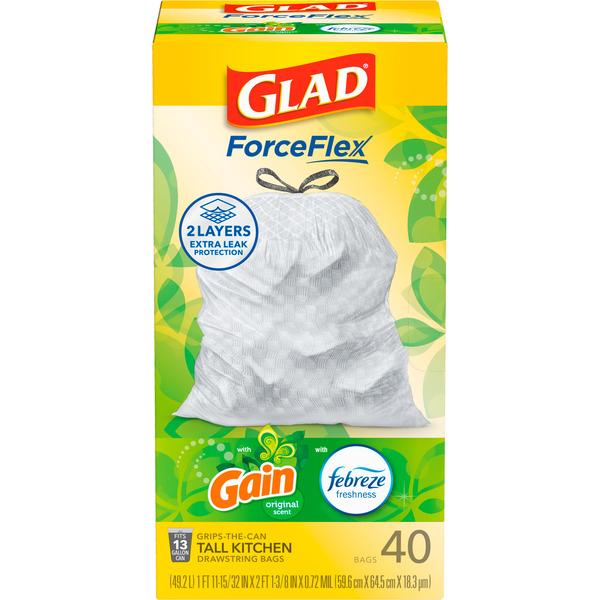 Glad ForceFlex Tall Kitchen Drawstring Trash Bags, 13 Gal, Gain Original with Febreze - Image 2