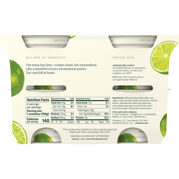 Chobani Yogurt, Greek, Reduced Fat, Key Lime, Blended, Value 4 Pack - Image 2