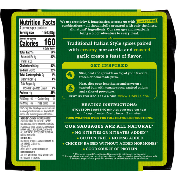 Aidells Smoked Chicken Sausage, Italian Style with Mozzarella Cheese, 12 oz. (4 Fully Cooked Links) - Image 2