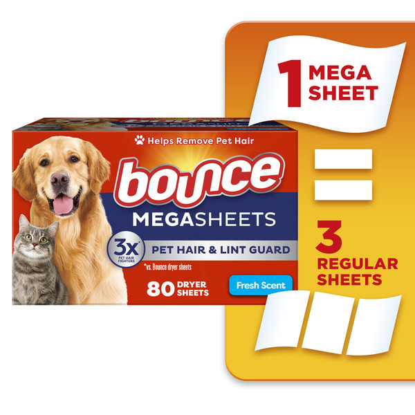 Bounce Pet Hair and Lint Guard Mega Dryer Sheets with 3X Pet Hair Fighters, Fresh Scent