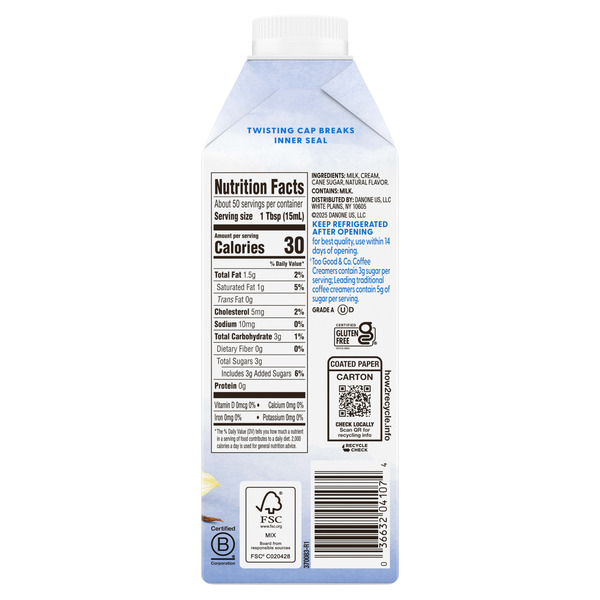 Too Good & Co. Roasted Vanilla Coffee Creamer, Flavored Creamer Made with Real Milk and Cream, Tastes Great in Iced Coffee and Cold Brew, 25.4 fl oz - Image 2