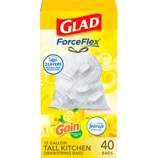 Glad ForceFlex Tall Kitchen Drawstring Trash Bags, Gain Lemon Zest, 13 Gallon