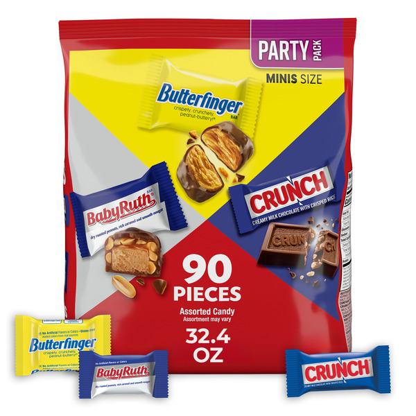 Assorted Butterfinger, CRUNCH and Baby Ruth Minis Size Party Pack, 90 Pieces Assorted Candy Bars