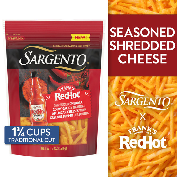 Sargento Frank’s RedHot® Natural Cheddar, Colby Jack, and American Shredded Cheese with Cayenne Pepper Seasoning, Traditional Cut, 7 oz