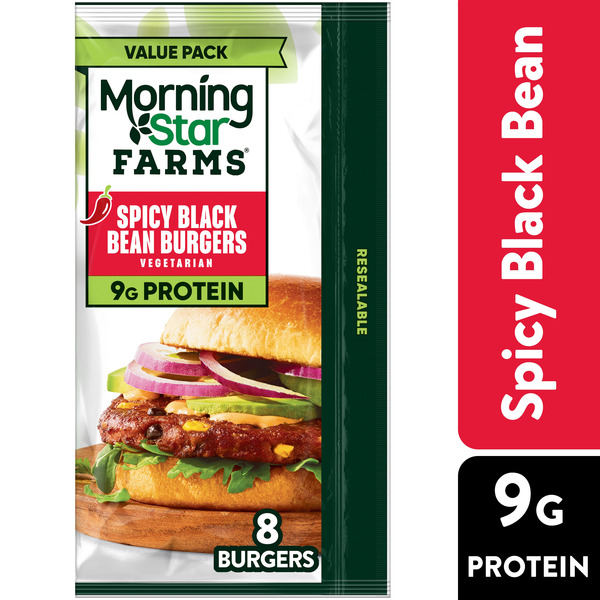 Morning Star Farms Spicy Black Bean Veggie Burgers, Vegetarian Meat, Value Pack, 8 Count