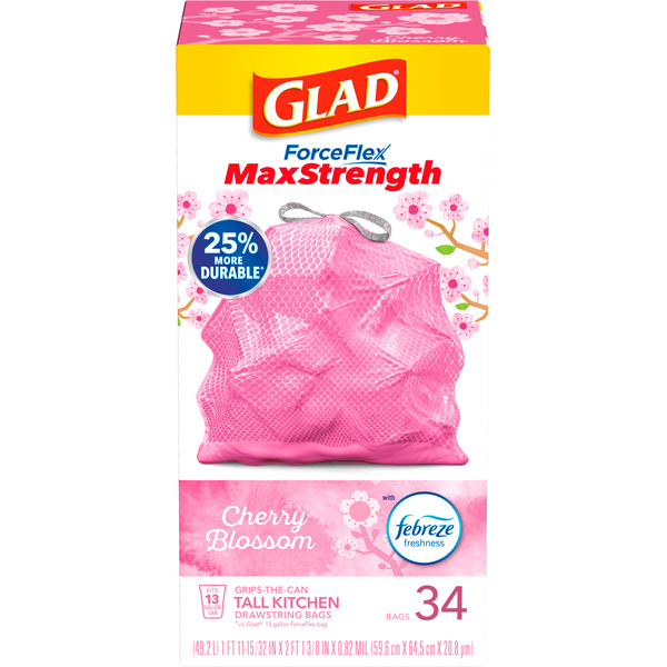 Glad ForceFlex MaxStrength Drawstring Trash Bags, Cherry Blossom With Febreze, 13 Gal - Image 2