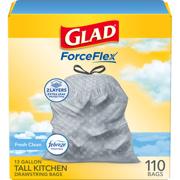 Glad ForceFlex Tall Kitchen Trash Bags, 13 Gallon, Fresh Clean Scent with Febreze