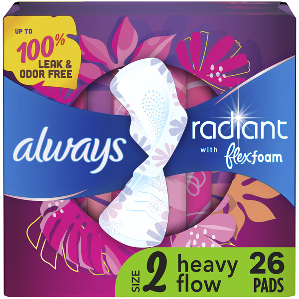 Always Radiant Heavy Flow Sanitary Pads Light Clean Scent With Wings, Size 2