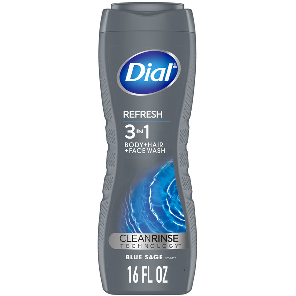 Dial Refresh 3-in-1 Men's Body Wash for Body, Hair & Face, Blue Sage Scent, 16 fl oz