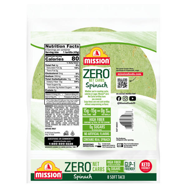 Mission Zero Net Carbs Spinach Flour Tortillas, Soft Taco Size, 8 Count - Image 2