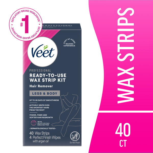 VEET® Hair Removal Wax Strips- VEET Easy- Gelwax Technology, Sensitive Formula Ready-to-Use Hair Remover Wax Strip Kit with Shea Butter, 40 wax strips with 4 wipes (Case of 4)