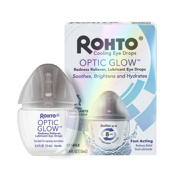 Rohto Optic Glow Redness Reliever, Whitening, Lubricant Eye Drops, Whitens, Brightens, and Hydrates Red Eyes, Fast-Acting Formula, Sterile Eye Drops, 0.4 fl oz