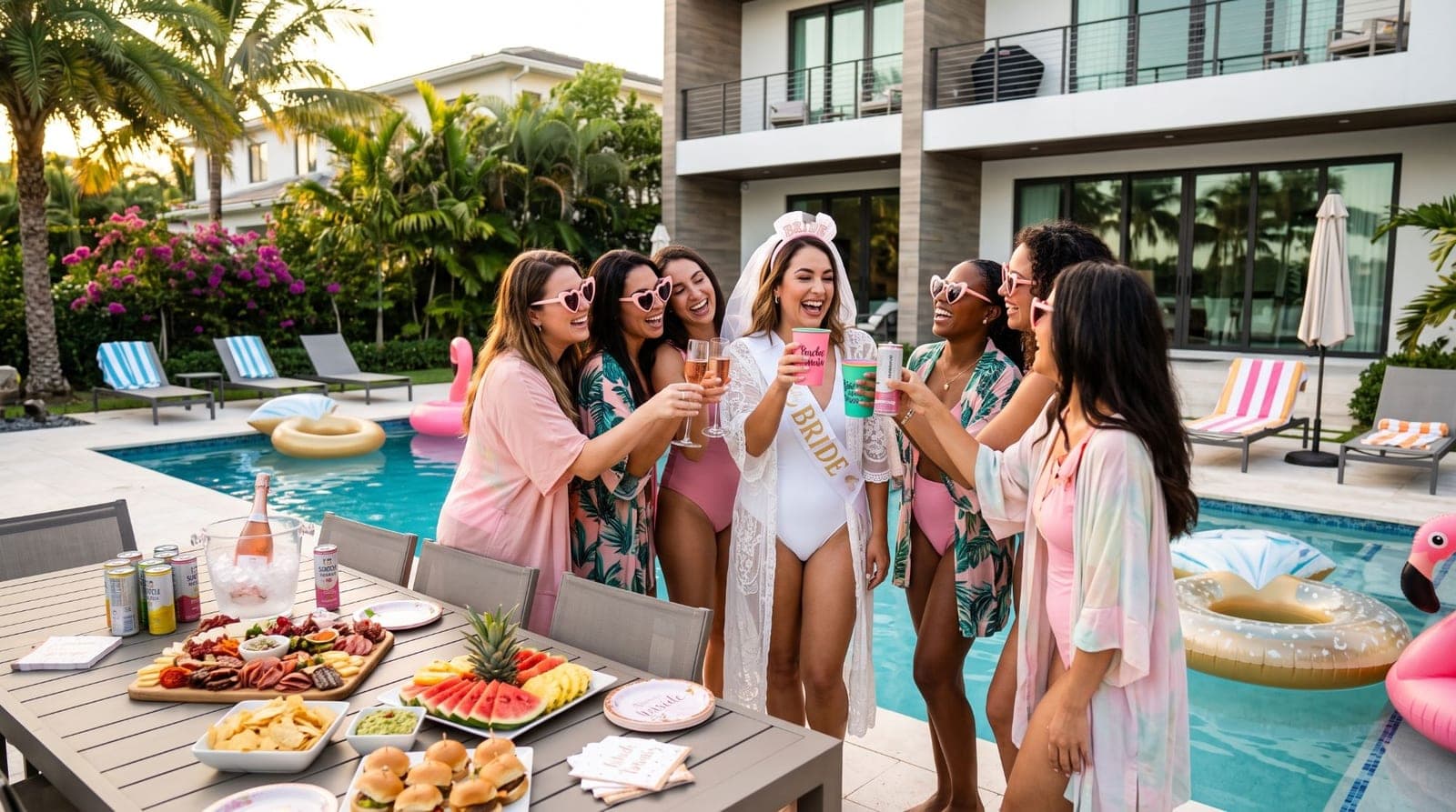 A bride in a veil and sash toasting with her friends in heart-shaped sunglasses beside the pool of a Miami vacation rental, with a table of charcuterie, fruit, sliders and rosé on ice