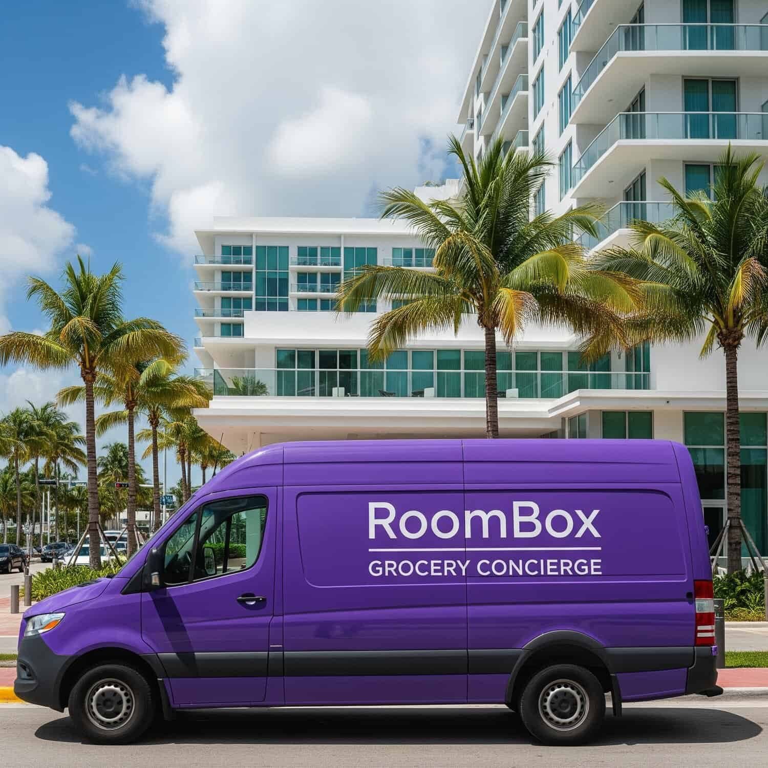 A purple RoomBox Grocery Concierge van parked outside a beachfront hotel