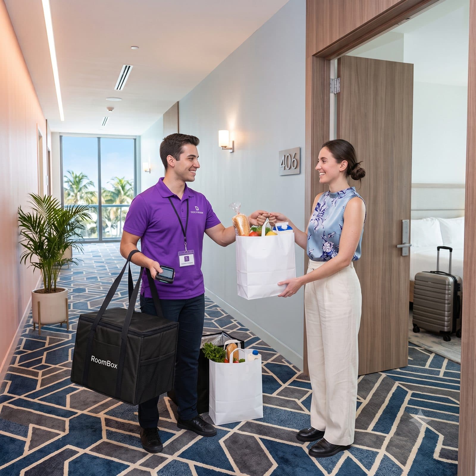 A RoomBox associate handing grocery bags to a guest at her hotel room door