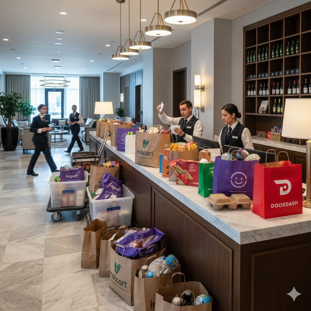 A hotel front desk buried under delivery-app grocery bags while staff try to sort them