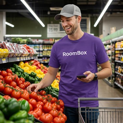 A RoomBox shopper checking an order on his phone while picking produce
