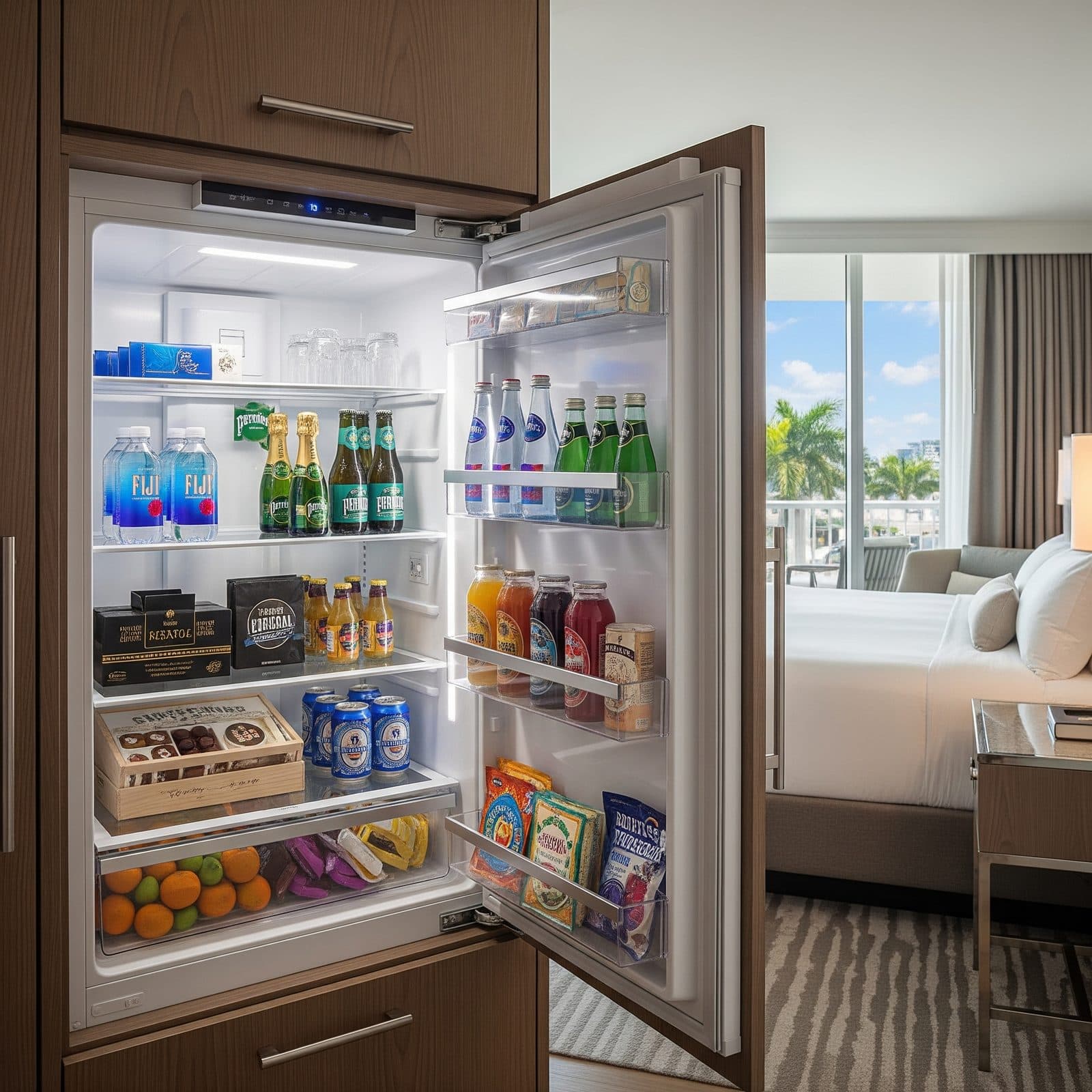 A hotel suite fridge fully stocked with drinks, snacks and fruit