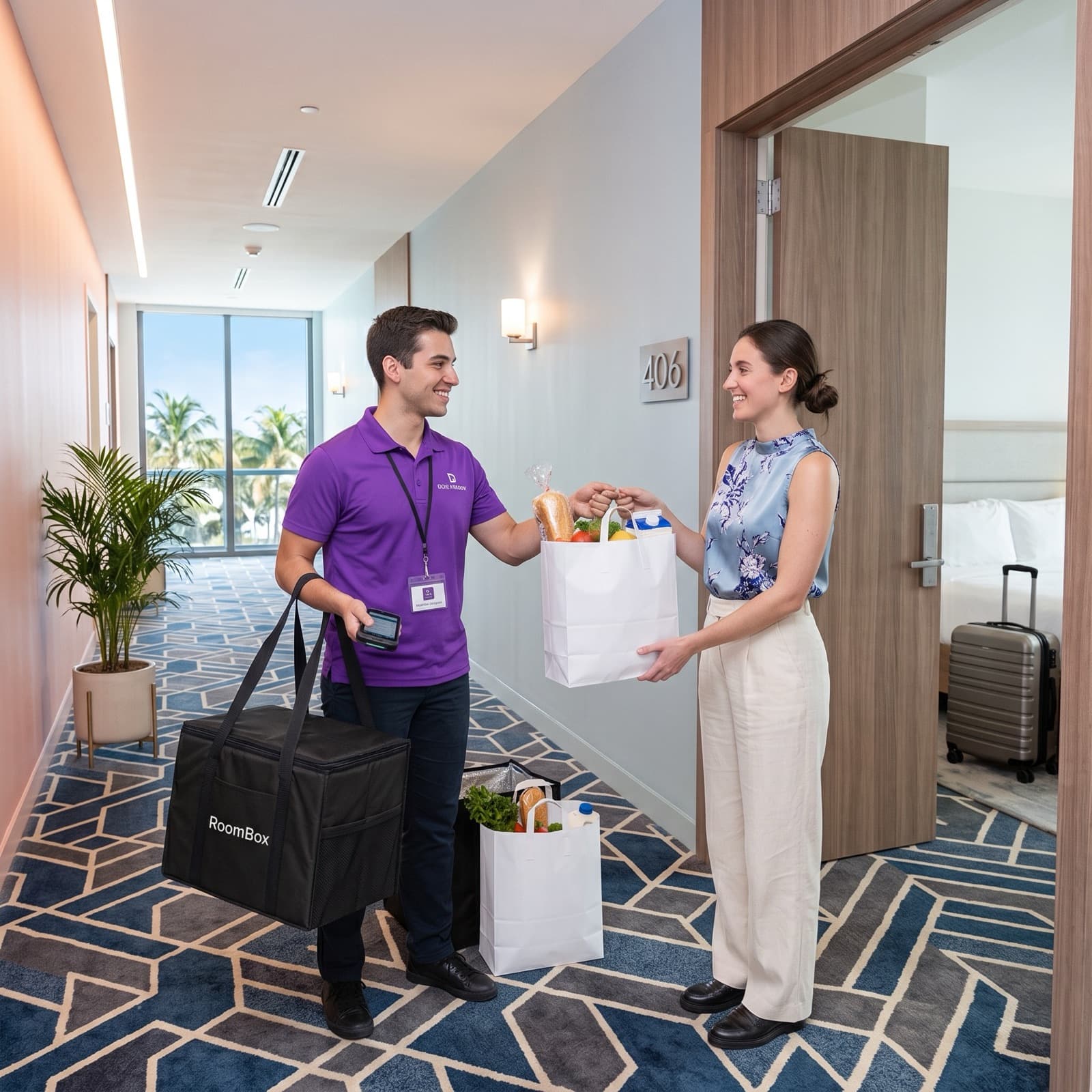 A RoomBox driver handing off a bag of groceries to a guest at their hotel room door