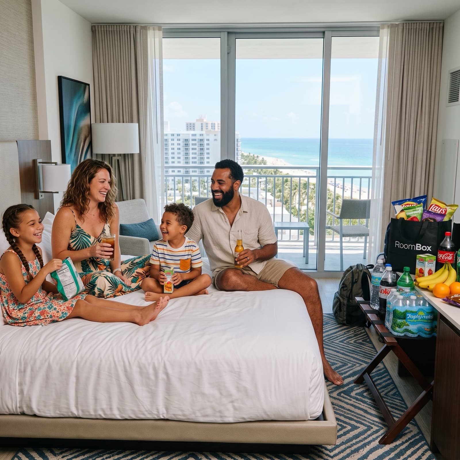 A family unpacking snacks and drinks from a RoomBox delivery on their hotel bed