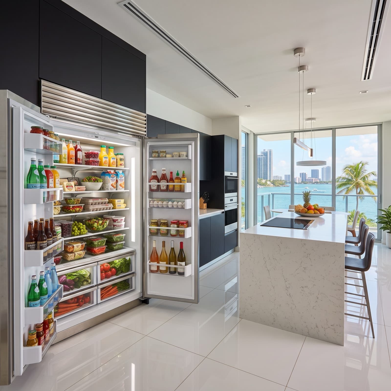A fully stocked fridge in a Miami condo kitchen with an ocean view