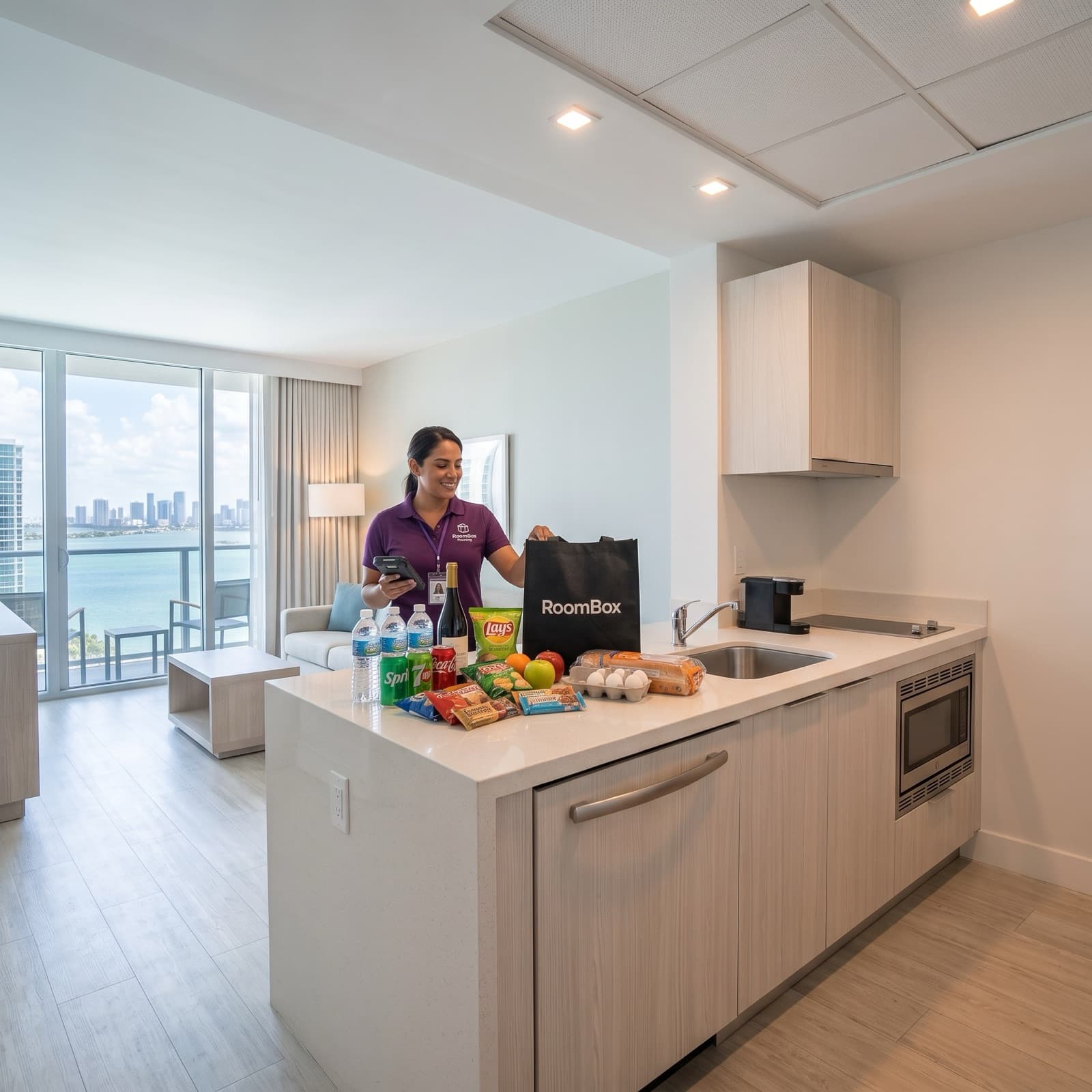 A RoomBox host stocking a rental kitchen counter with groceries before guest arrival