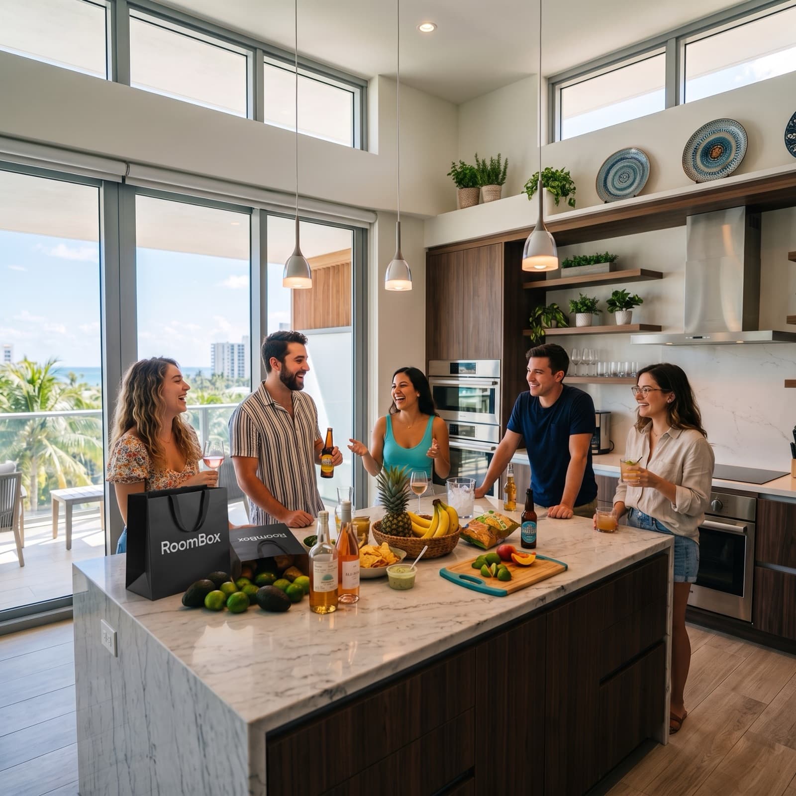 Friends gathered around a rental kitchen island with a RoomBox delivery bag and fresh groceries