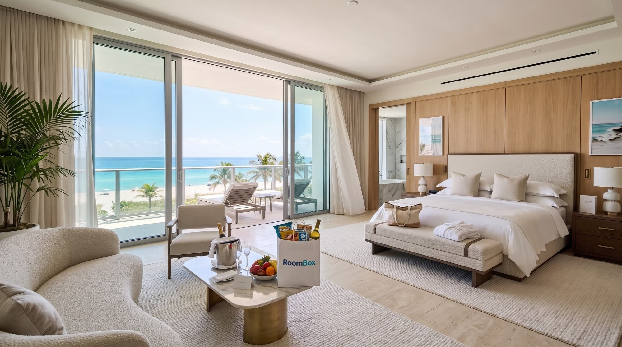 Oceanfront Miami Beach hotel suite with a RoomBox grocery bag on the coffee table
