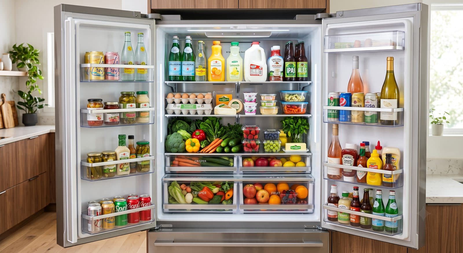 An open fridge fully stocked and organized for a guest arrival