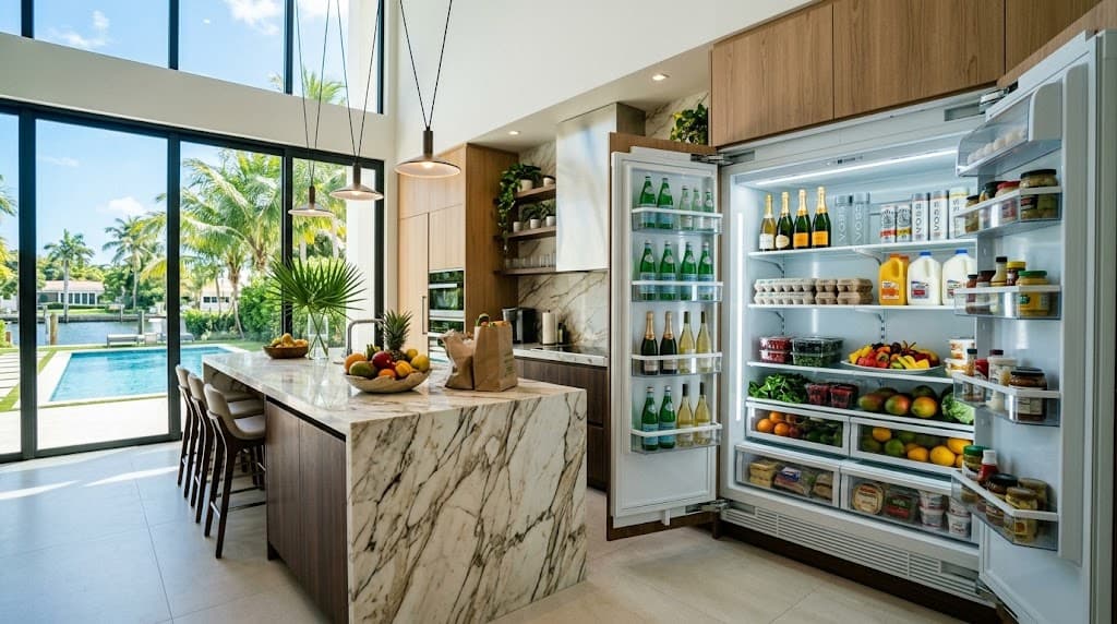 Vacation rental kitchen with a fully stocked fridge and a pool outside