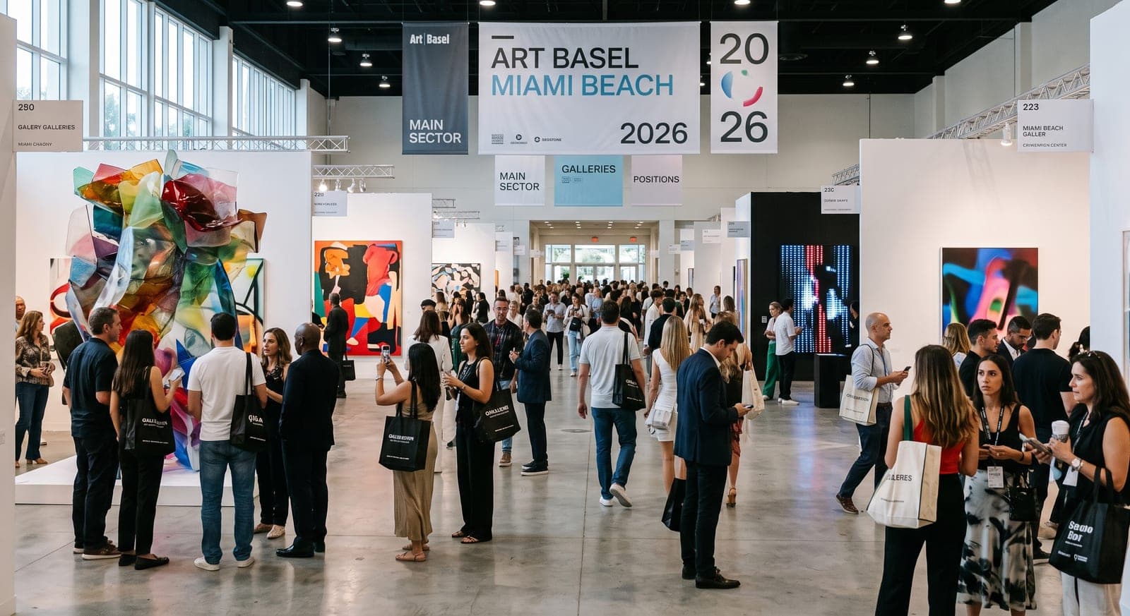 Visitors walking the gallery aisles under Art Basel Miami Beach 2026 banners at the Miami Beach Convention Center